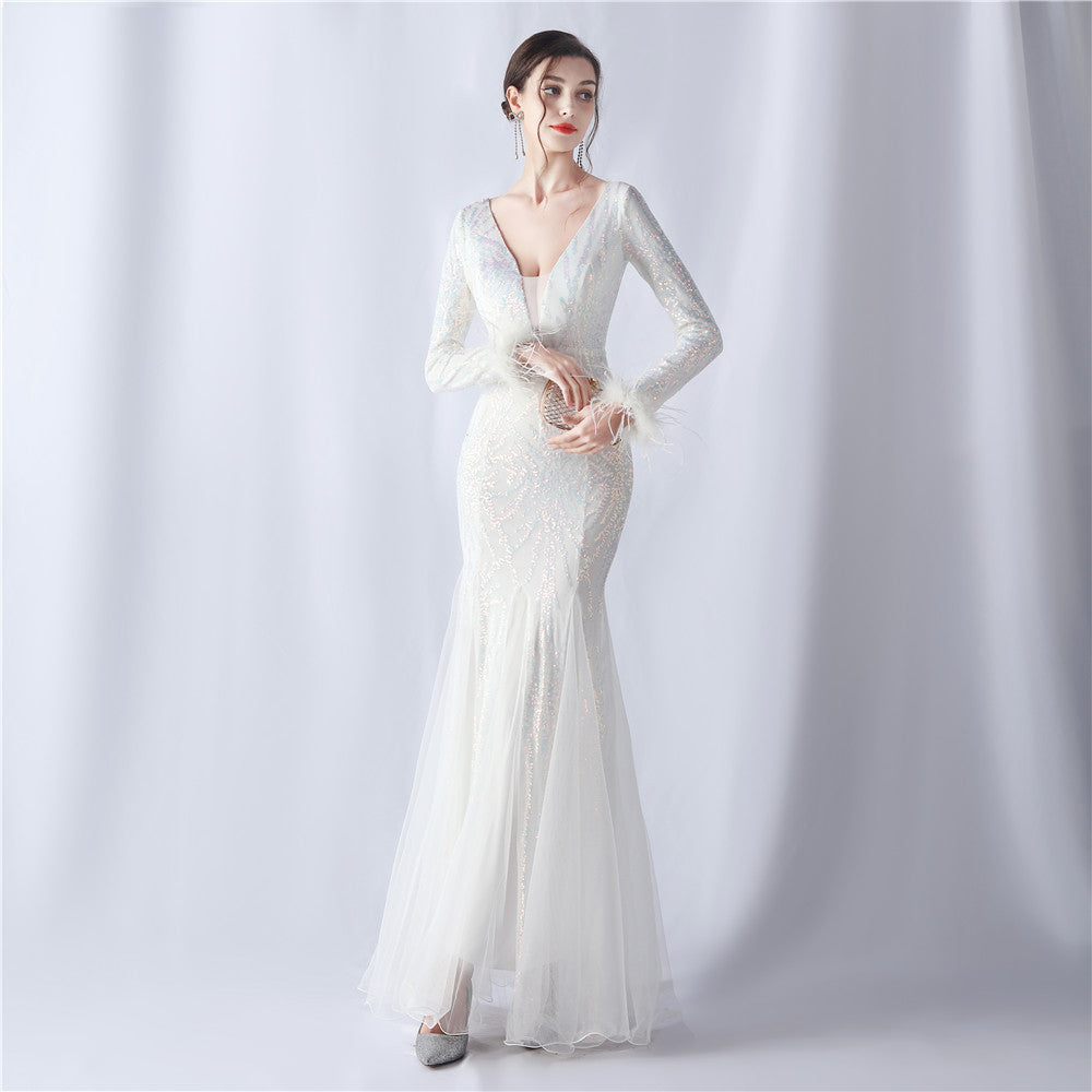 Ostrich Fur Mesh Beaded Formal Dresses