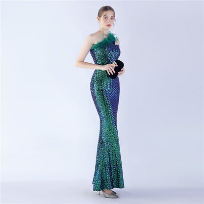 Ostrich Fur One-Shoulder Slant Neck Beaded Maxi Formal Dress