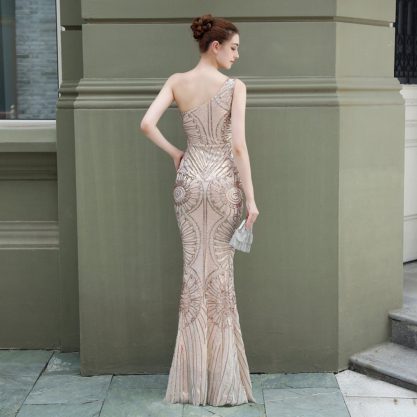 One Shoulder Sequin Fishtail Formal Dress