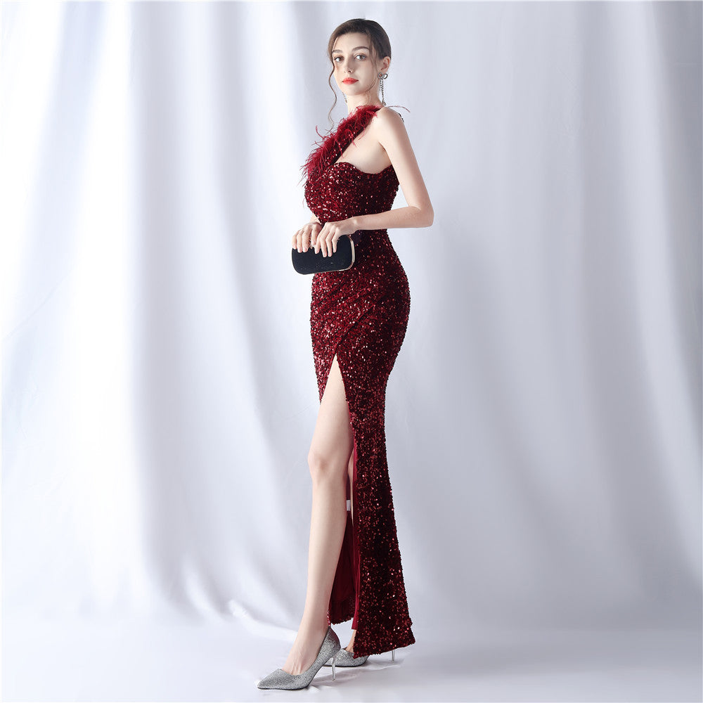 Ostrich Velvet Bottom One Shoulder Formal Dress