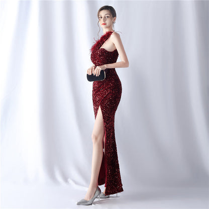 Ostrich Velvet Bottom One Shoulder Formal Dress