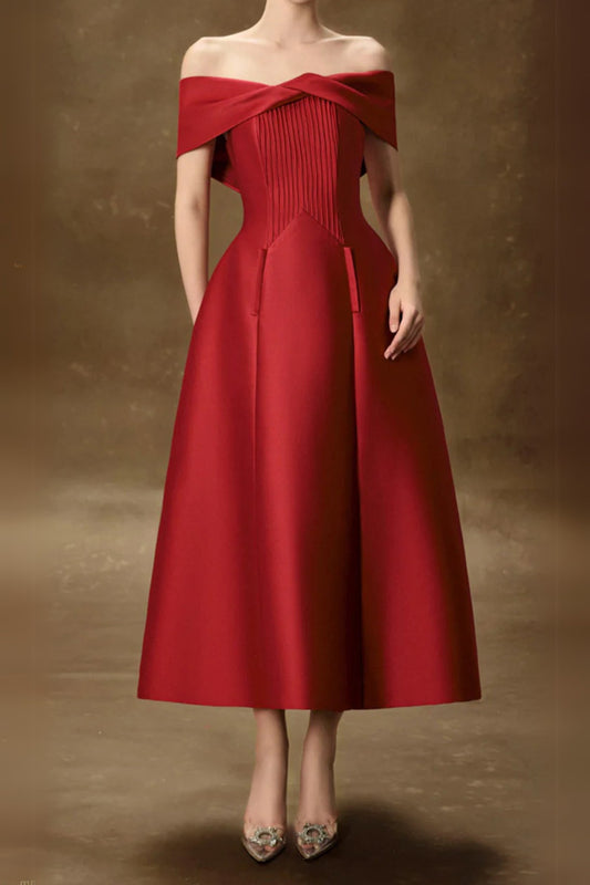 ヘベラ Aライン オフショルダー ミディドレス（レッド）