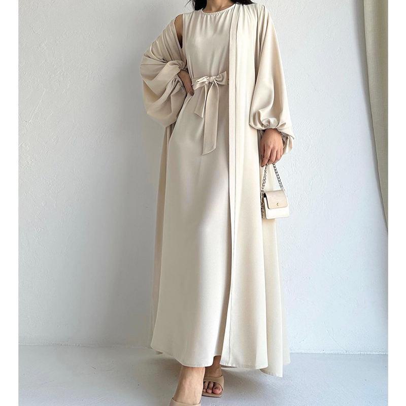 Two Pieces Set Nidha Open Abaya with Bubble Sleeves and Inner Dress