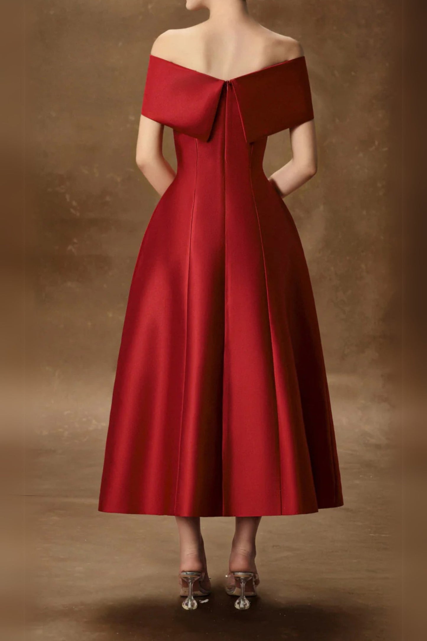 hebera a-line off-shoulder midi dress in red