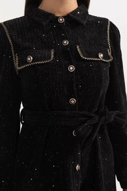 venus black Contrasting Stitching Detail Ribbed Dress