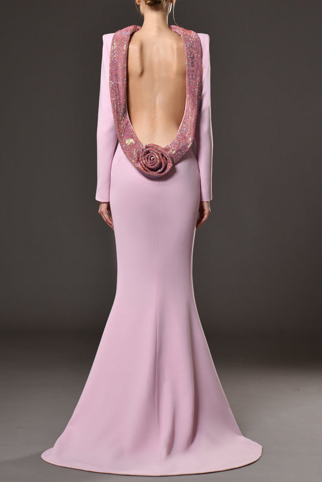 violet Pink crêpe maxi dress with crystal chainmail flower