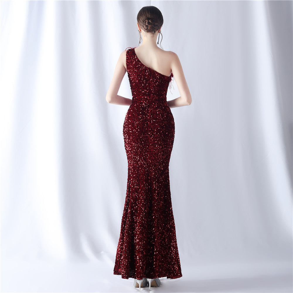 Ostrich Velvet Bottom One Shoulder Formal Dress