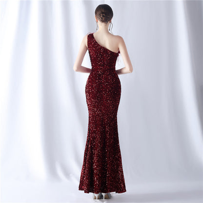Ostrich Velvet Bottom One Shoulder Formal Dress
