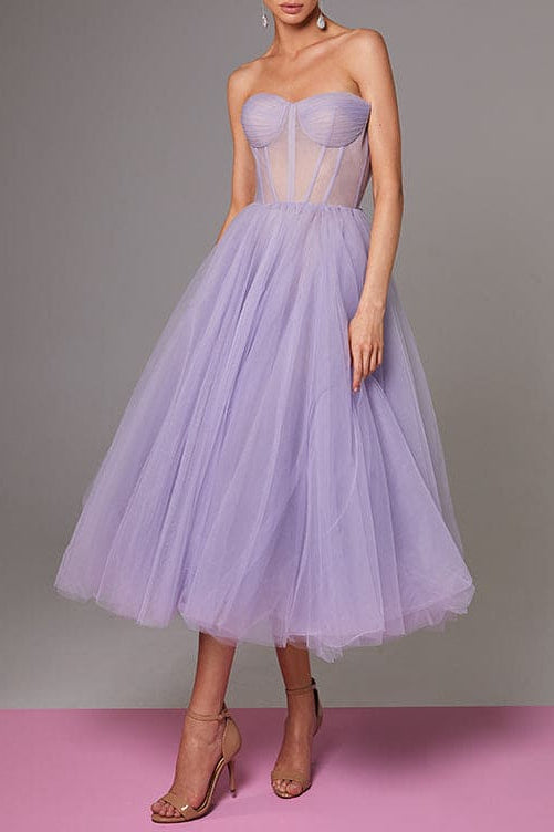 Lavender Strapless Puffy Midi Tulle Dress