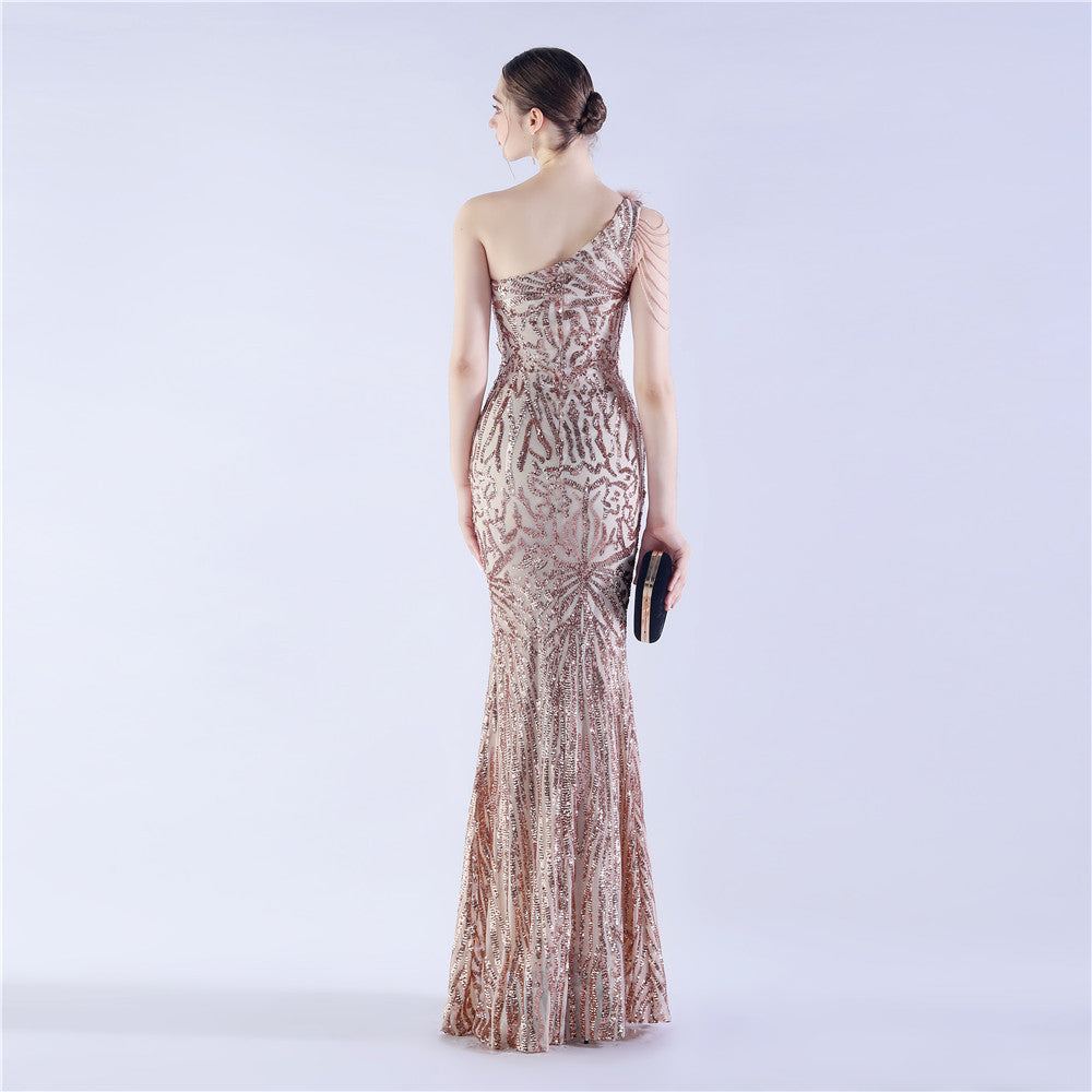 Fur Slant Neck One Shoulder Formal Dress