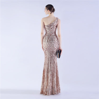 Fur Slant Neck One Shoulder Formal Dress