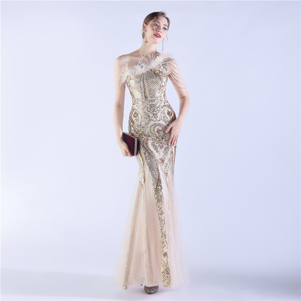 Beaded and Ostrich Fur Sequined Formal Dress