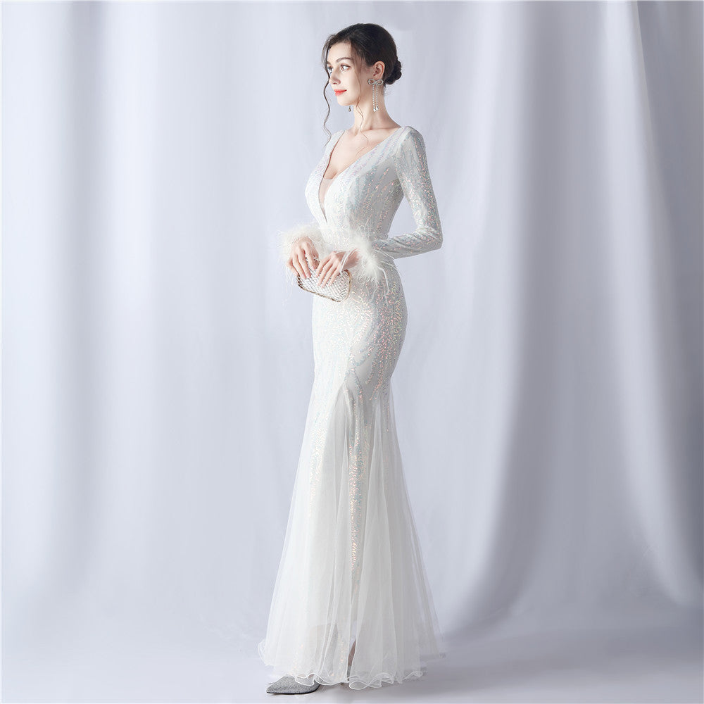 Ostrich Fur Mesh Beaded Formal Dresses