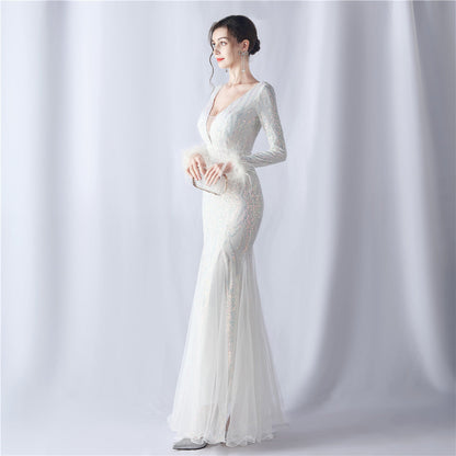 Ostrich Fur Mesh Beaded Formal Dresses