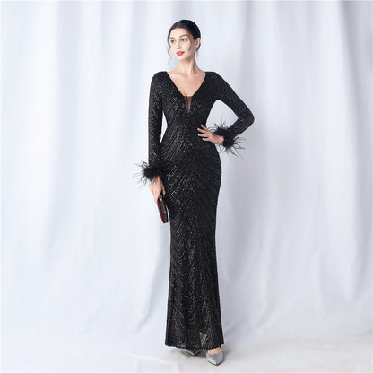 Ostrich Fur Long Sleeve Formal Dress