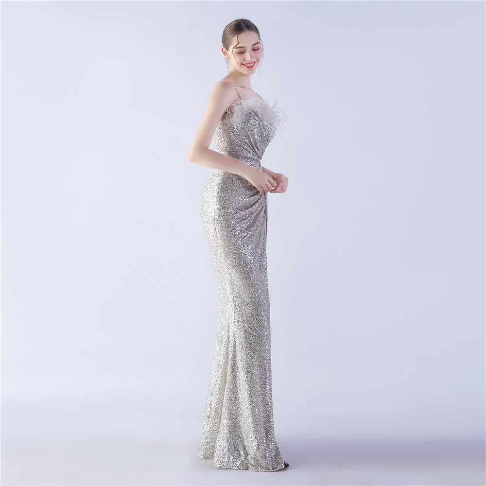 Ostrich Beaded Side Split Formal Dress
