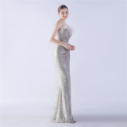 Ostrich Beaded Side Split Formal Dress