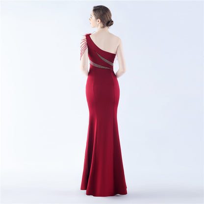 Fur Slant Neck One Shoulder Formal Dress