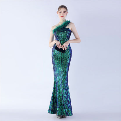 Ostrich Fur One-Shoulder Slant Neck Beaded Maxi Formal Dress
