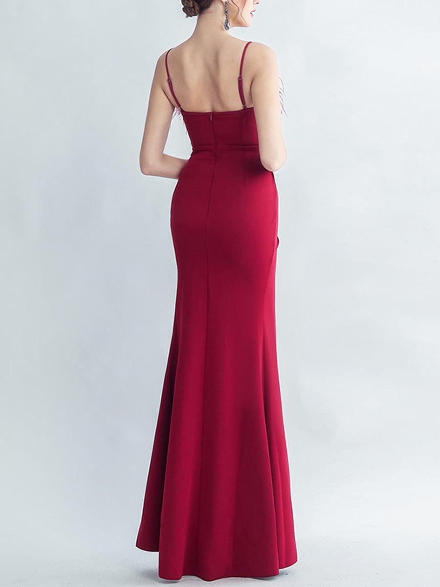 Feather Spaghetti Rhinestone Formal Dress