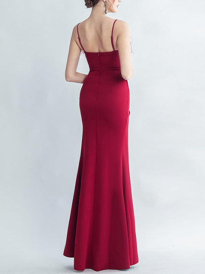 Feather Spaghetti Rhinestone Formal Dress