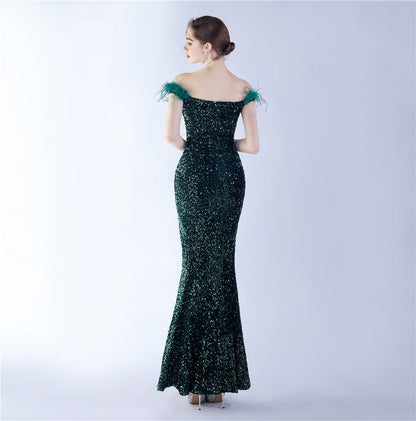 Fur One Shoulder Formal Dress