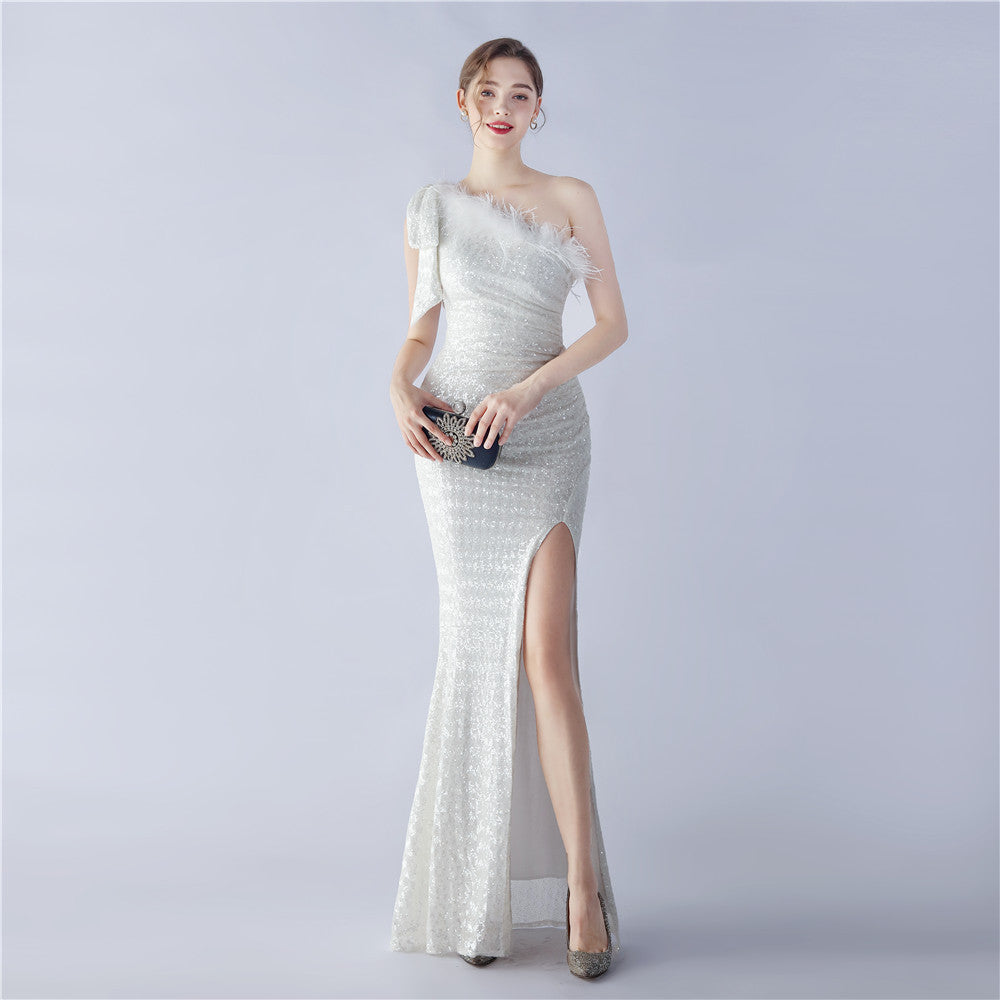 Fur Sequin One Shoulder Formal Dress