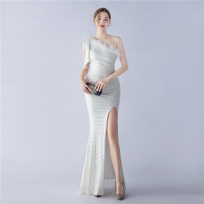 Fur Sequin One Shoulder Formal Dress