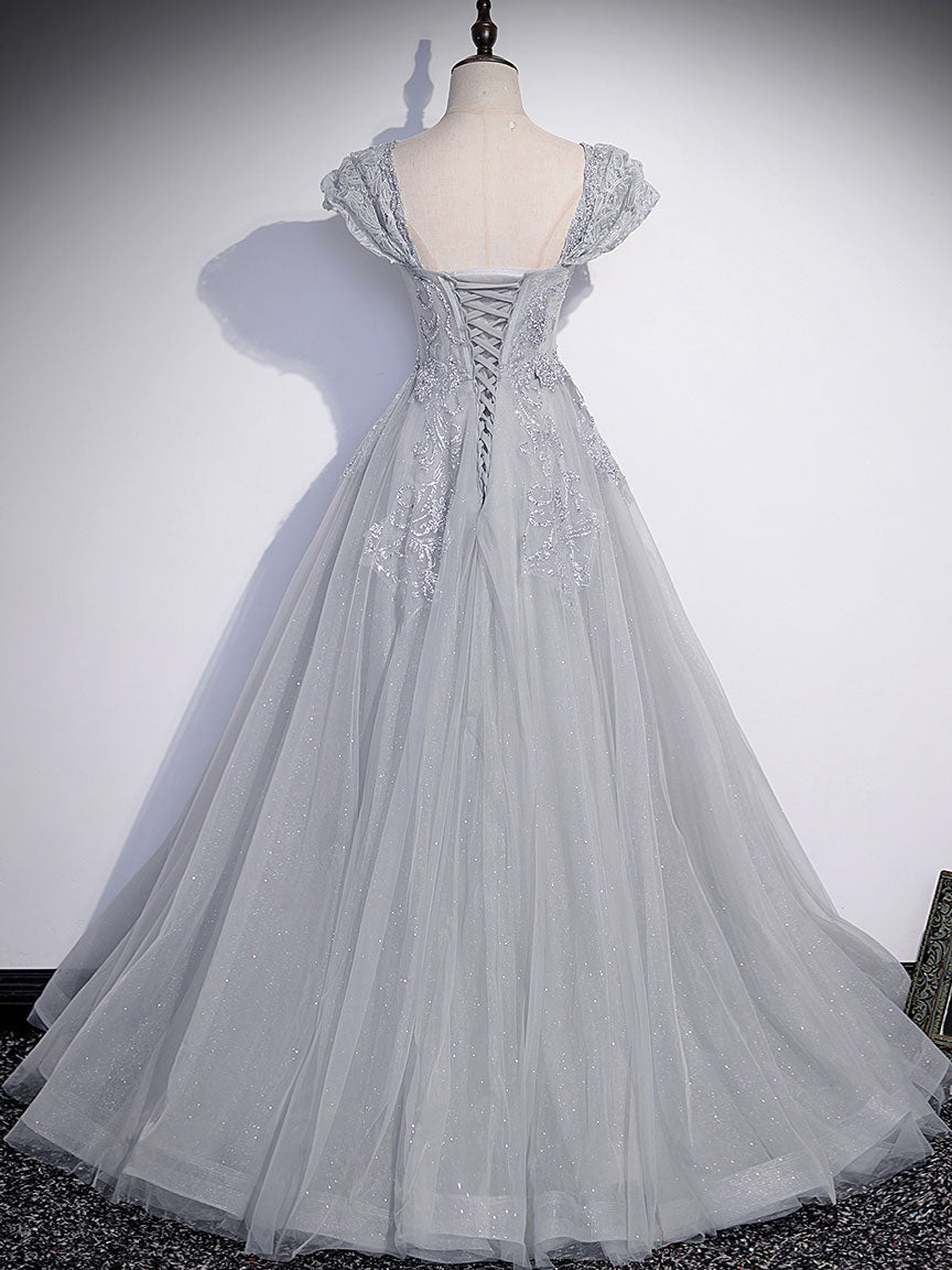 Abito a trapezio in tulle grigio con paillettes