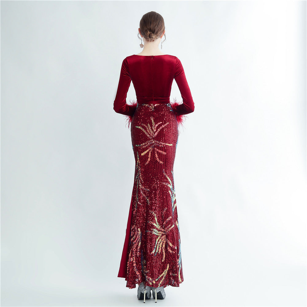 Ostrich Beaded Velvet Side Split Formal Dress