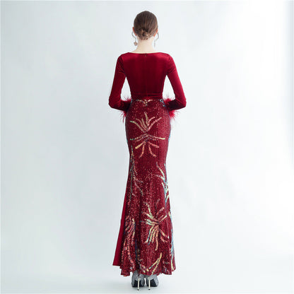 Ostrich Beaded Velvet Side Split Formal Dress
