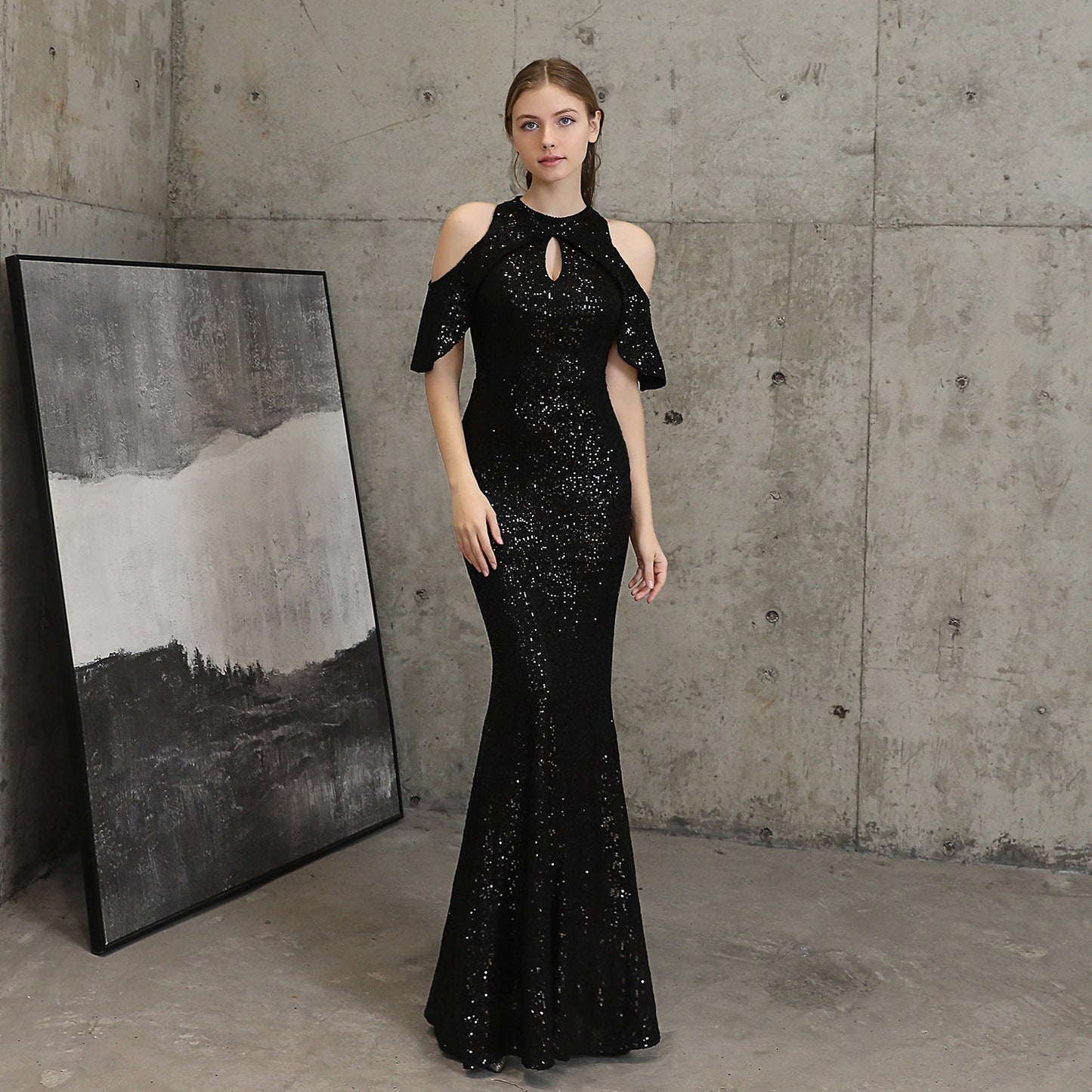 Short Sleeve Sequin Formal Dress