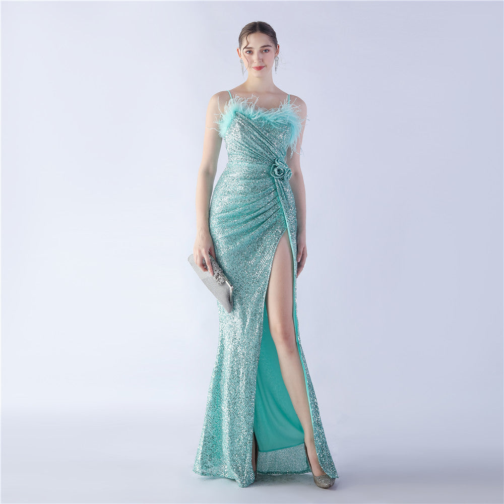 Fur Crafted Flower Formal Dress