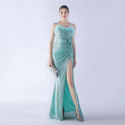 Fur Crafted Flower Formal Dress
