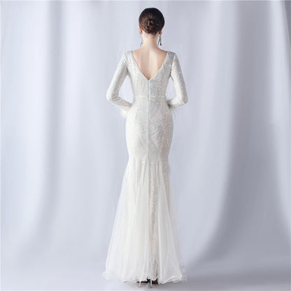 Ostrich Fur Mesh Beaded Formal Dresses