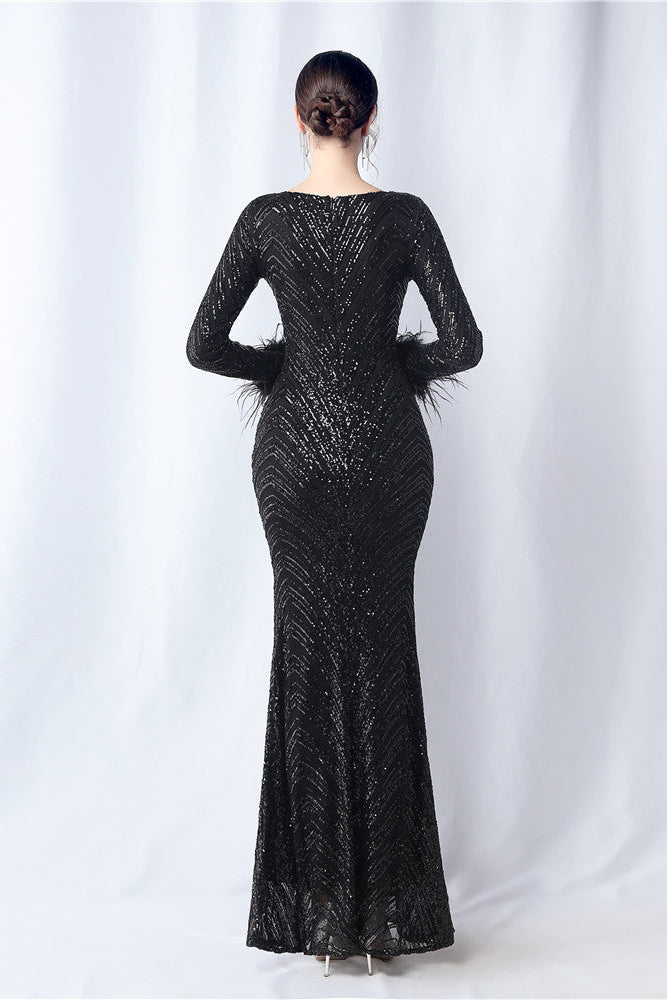 Ostrich Fur Long Sleeve Formal Dress