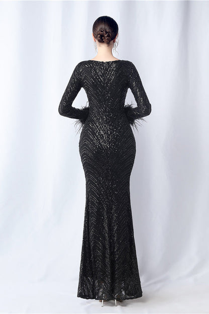 Ostrich Fur Long Sleeve Formal Dress
