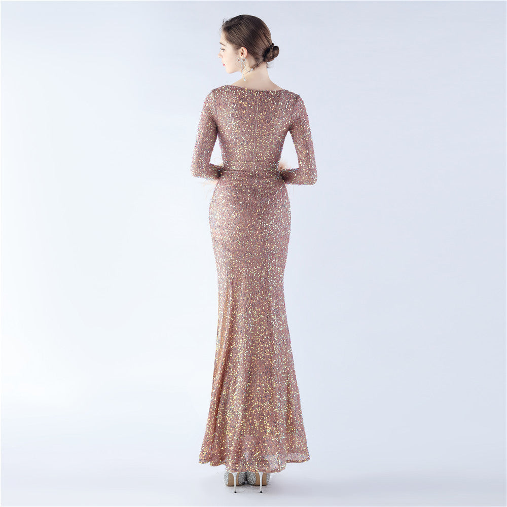 Ostrich Fur Long Sleeve Formal Dress