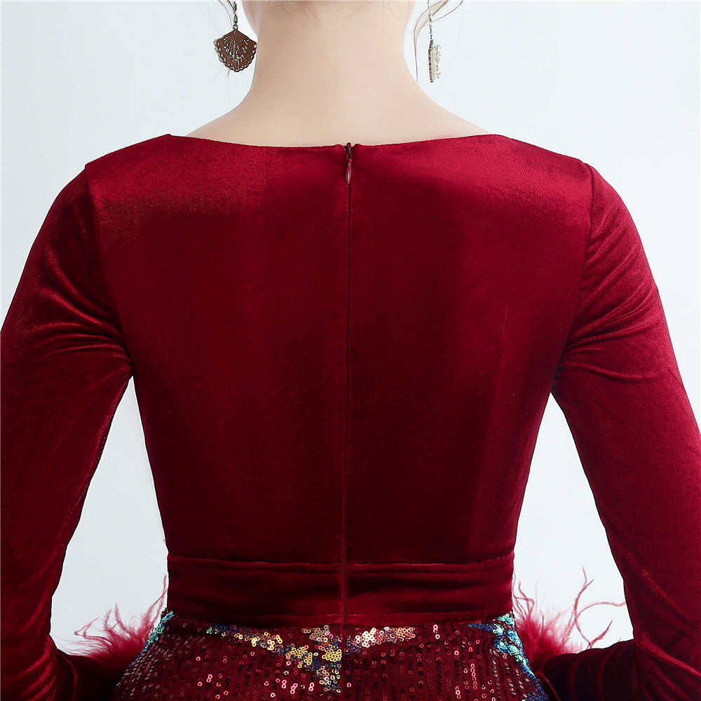 Ostrich Beaded Velvet Side Split Formal Dress