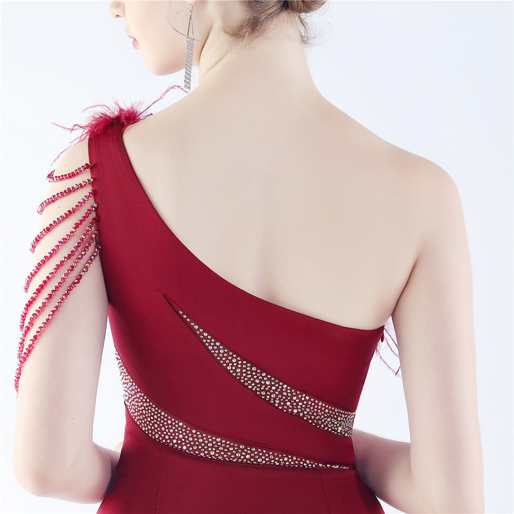 Fur Slant Neck One Shoulder Formal Dress
