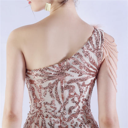 Fur Slant Neck One Shoulder Formal Dress