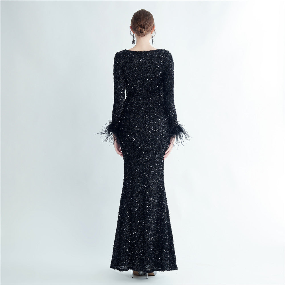 Split Long Sleeve Sequin Formal Dress