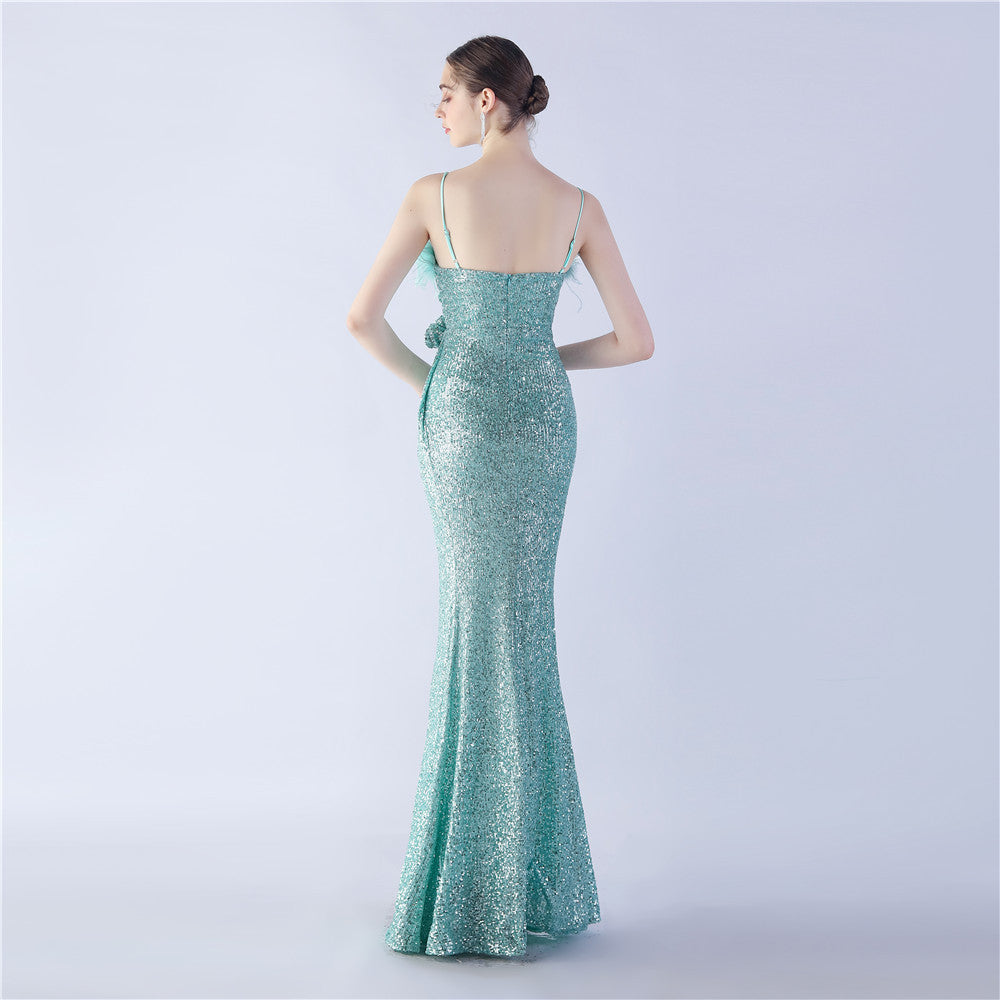 Fur Crafted Flower Formal Dress
