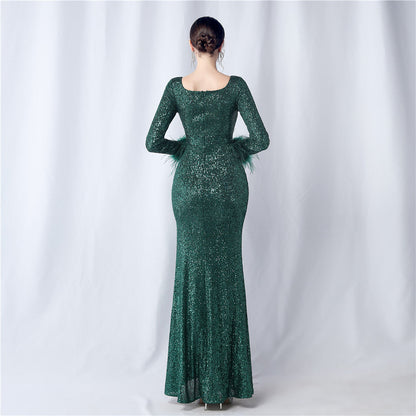Ostrich Fur Long Sleeve Formal Dress