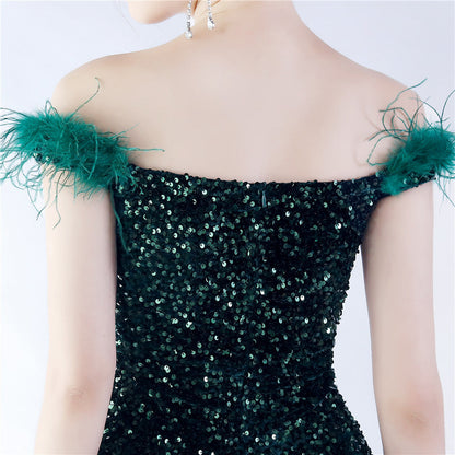 Fur One Shoulder Formal Dress