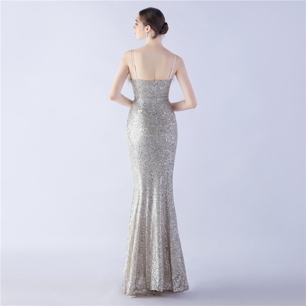 Ostrich Beaded Side Split Formal Dress