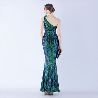 Ostrich Fur One-Shoulder Slant Neck Beaded Maxi Formal Dress
