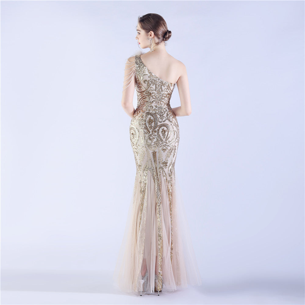 Beaded and Ostrich Fur Sequined Formal Dress
