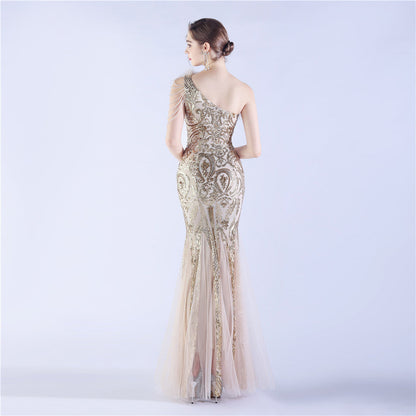 Beaded and Ostrich Fur Sequined Formal Dress