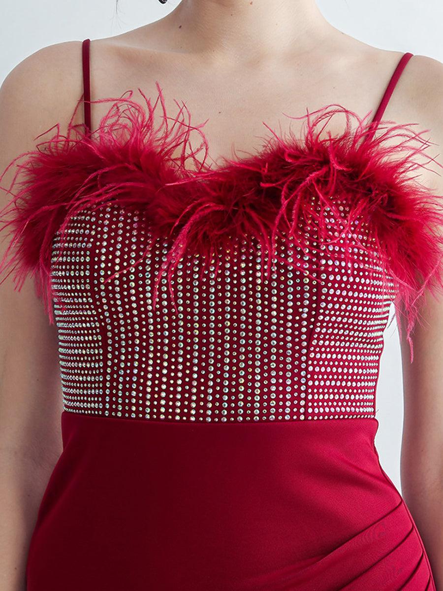 Feather Spaghetti Rhinestone Formal Dress